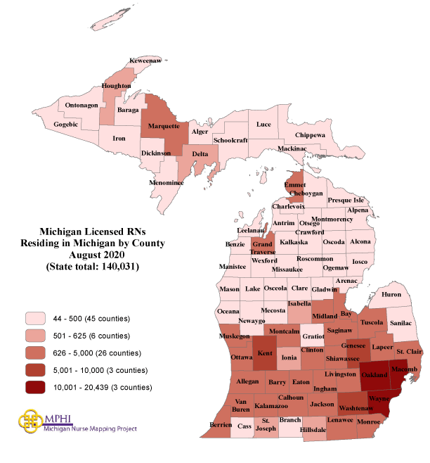 Michigan RNs by county map